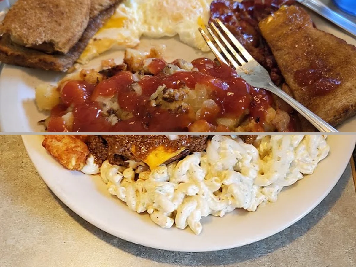 Counter seating beside a simple breakfast menu.