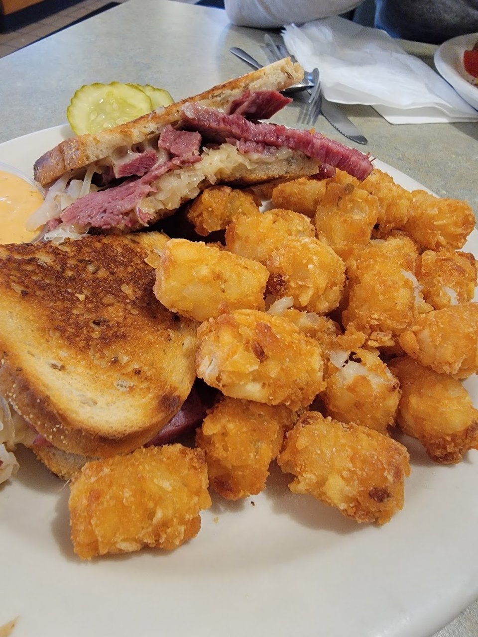 Reuben Sandwich and Tots